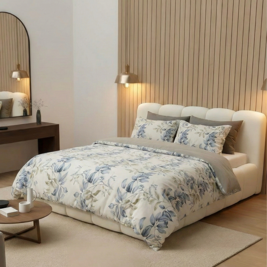 Parure de Lit Complète 4 Pièces - Collection "Feuillage Bleu"