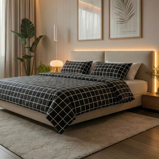 Parure de Lit 4 Pièces - Collection "Black Grid" (Carreaux Graphiques)