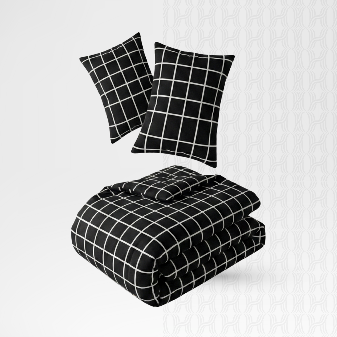 Parure de Lit 4 Pièces - Collection "Black Grid" (Carreaux Graphiques)